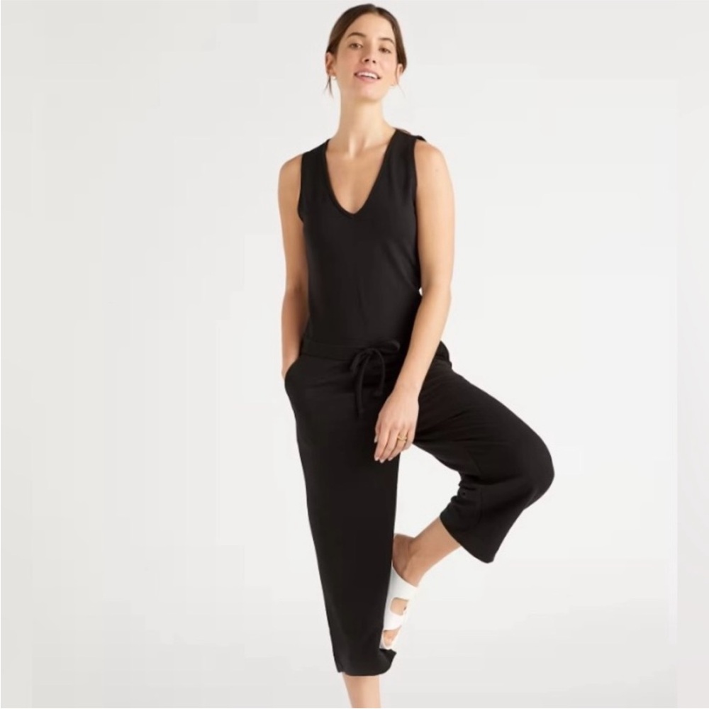Quince‎ Jersey Stretch Wide Leg Black Jumpsuit Romper Womens M Casual Minimalist